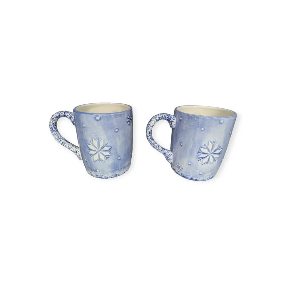 Vintage Lotus Pottery Handpainted Blue 3D Snowman Ceramic Mugs 1998 Set of 2